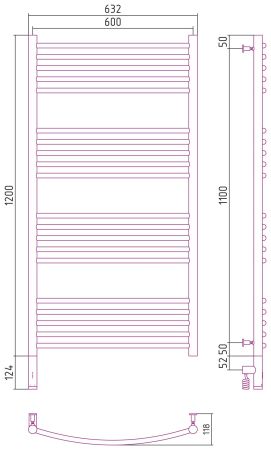 Полотенцесушитель, Сунержа, Богема 3.0, выгнутая, электрический, ширина, мм-632, глубина, мм-118, высота, мм-1324, межосевое расстояние-600, нагревательный элемент-ТЭН, подключение-слева, электрокомплект-МЭМ, мощность, Вт-300, материал-нержавеющая сталь, , артикул 30-5802-1260