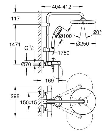 Душевая система GROHE Tempesta Cosmopolitan System 250 с термостатом для настенного монтажа, хром (26672000)