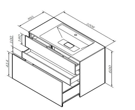 M50AFHX1003GM Inspire V2.0, База под раковину, подвесная, 100 см, 3 ящика, push-to-open, графит мато