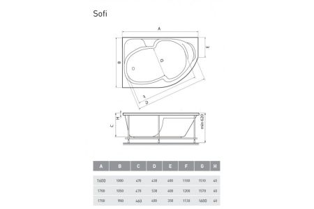 Ванна акриловая левосторонняя Relisan SOFI Гл000026214, 170x90, артикул Гл000026214