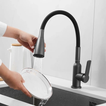 Смеситель для кухни с гибким изливом Shevanik S843T-3, оружейная сталь/черный, артикул S843T-3