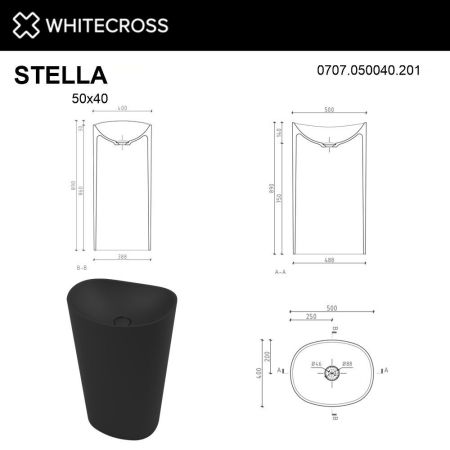 Умывальник WHITECROSS Stella 50x40 (черный мат) иск. камень, артикул 0707.050040.201