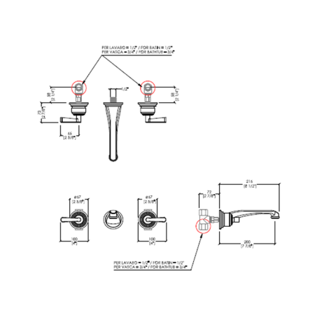 Devon & Devon Manhattan Смеситель для раковины настенный, на 3 отв,  цвет никель блестящий