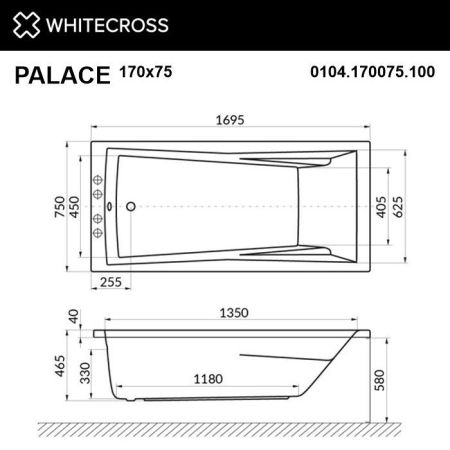 Ванна WHITECROSS Palace 170x75 "RELAX" (хром), артикул 0104.170075.100.RELAX.CR