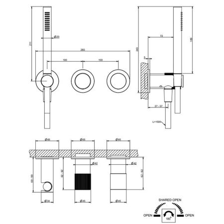 GESSI HABITO RIGATO Смеситель настенный встраиваемый, однорычажный, с переключателем на 2 положения, с ручным душем, настен держ, цвет Black Metal PVD, артикул 70538#706