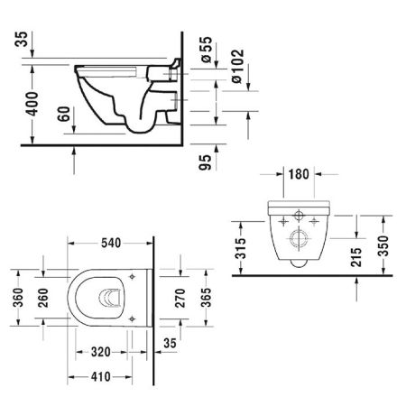 Унитаз, Duravit, Starck 3, безободковый (с открытым смывным краем), тип установки-подвесной, ширина, мм-365, глубина, мм-540, высота, мм-375, форма чаши-овальная, выпуск-горизонтальный, без декора, материал-керамика, сиденье-в комплект не входит (приобрет, артикул 2527090000