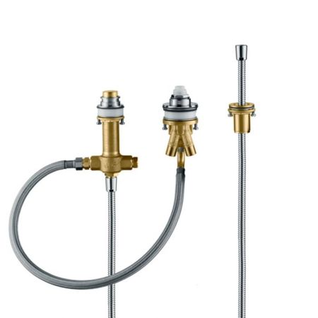 Внутренняя часть, Hansgrohe, назначение-смеситель для ванны и душа, стандарт подвода воды-1/2", не окрашен, керамический картиридж, на 3 отверстия, состоит из: скрытая часть, держатель для душа, шланг для душа, артикул 13439180