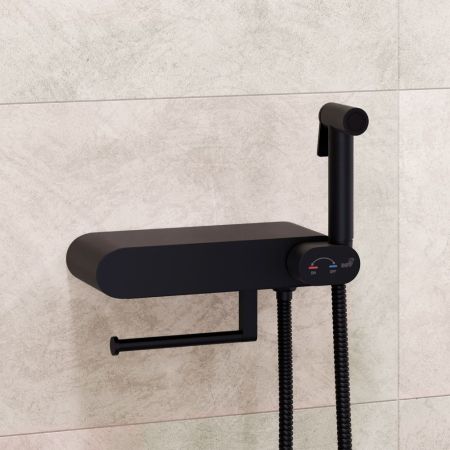 Смеситель с полочкой и держателем туалетной бумаги, с гигиеническим душем - RGW SP-222B, черный, артикул 581408222-04