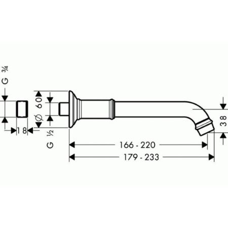 AX Montreux Излив для ванны 166-220мм, настенный, ¾’или ½’, цвет: хром AX Montreux Излив для ванны 166-220мм, настенный, ¾’или ½’, цвет: хром