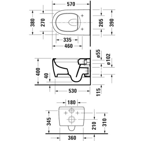 Унитаз, Duravit, Qatego, безободковый (с открытым смывным краем), тип установки-подвесной, ширина, мм-380, глубина, мм-570, высота, мм-360, форма чаши-овальная, выпуск-горизонтальный, материал-керамика, сиденье-необходимо заказать, крепления в комплекте, , артикул 2556090000
