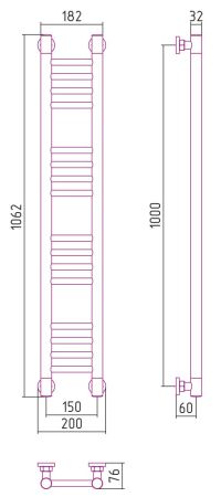 Полотенцесушитель, Сунержа, Богема +, прямая, водяной, ширина, мм-200, глубина, мм-76, высота, мм-1062, межосевое расстояние-150, подключение-диагональное/нижнее/вертикальное, температура теплоносителя-до 95°С, мощность-Вт-263, присоединительный размер-НР, артикул 00-0220-1015