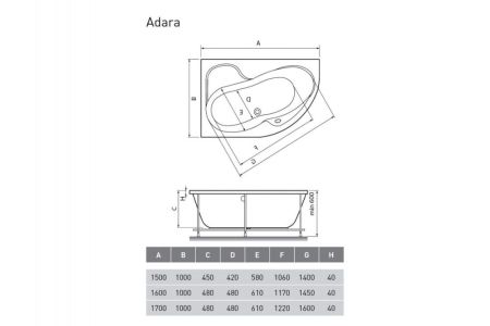 Ванна акриловая правосторонняя Relisan ADARA Гл000013732, 170x100, артикул Гл000013732