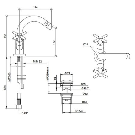 Bongio T Cross Смеситель для биде, излив 144 мм. цвет хром