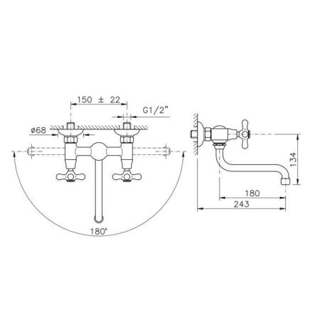 Nicolazzi Nuova Brenta Смеситель для раковины с 2мя ручками, настенный, цвет: Gold Brass, артикул 2505GB