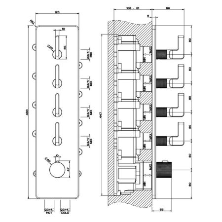 GESSI INCISO Встраиваемый термостатический смеситель на 4 источника, резьба 3/4" (внешние части), цвет: nero XL, артикул 58208#299