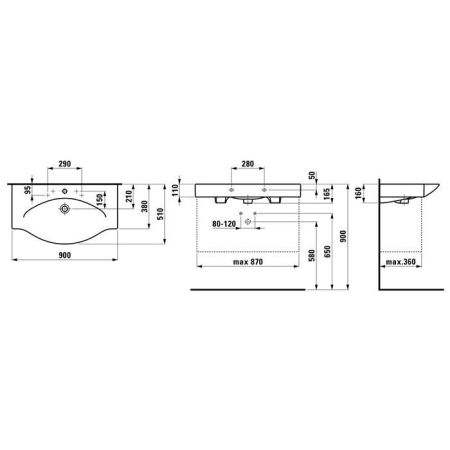 Laufen Palace Раковина подвесная/накладная 900х510х110мм, с 1отв под смес, без полотенцедерж, цвет белый глянец, артикул 8.1170.2.000.104.R