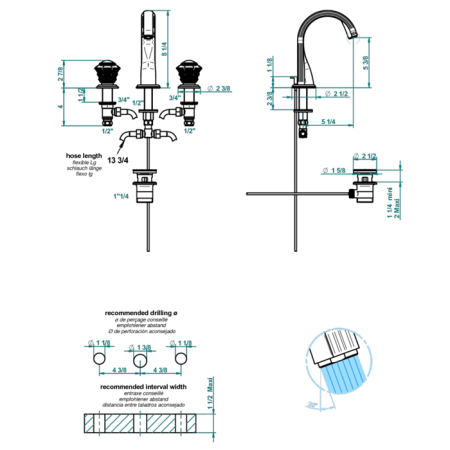 THG DAHLIA Смеситель для раковины на 3 отверстия, с донным клапаном, цвет хром, артикул A41-A02-151