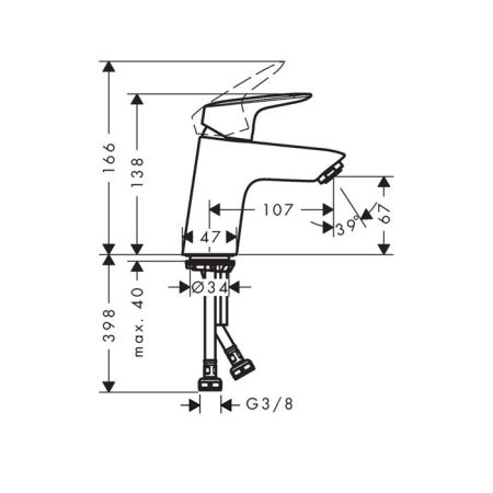Смеситель для раковины, Hansgrohe, Logis, тип открывания воды-однорычажный, тип регулирования воды-керамический картридж, монтаж-на раковину/столешницу, отверстия для монтажа-1, высота, мм-138, вынос излива, мм-107, тип излива-неподвижный, донный клапан-о, артикул 71071670