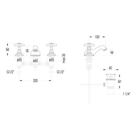 Devon&Devon Austin Смеситель для биде на 3 отв с донным клапаном . хром ., артикул UTAU912CR