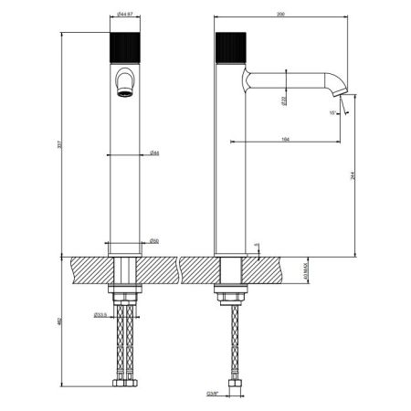 GESSI HABITO RIGATO Смеситель для раковины высокий ,без донного клапана, с соединительными шлангами, цвет Finox Brushed Nickel