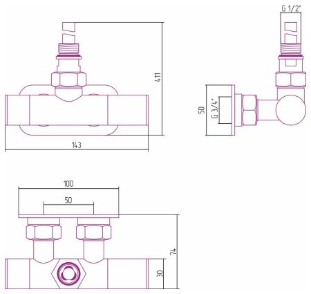 Вентиль, Сунержа, EU50, 1 х НР G 1/2" / 2 х НГ G 3/4", угловой, правый, маховик-скрытый, материал-нержавеющая сталь, цвет-сталь без покрытия