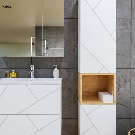 Тумба с раковиной и нишей Бриклаер КРИСТАЛЛ 70B, белый/дуб бунратти, артикул КРИСТАЛЛ 70B