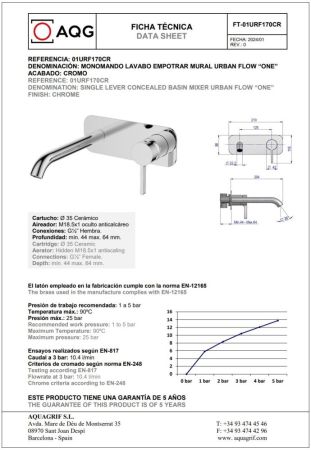 AQG Urban Flow One, встраиваемый в стену однорычажный смеситель для раковины, цвет хром, артикул 01URF170CR