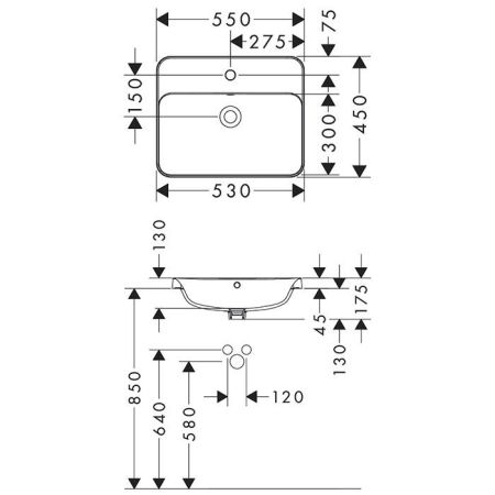 Раковина, Hansgrohe, Xuniva Q, ширина, мм-550, глубина, мм-450, высота, мм-175, тип установки-встраиваемый, отверстия для смесителя-1, с переливом, материал-керамика, цвет-белый, артикул 60162450