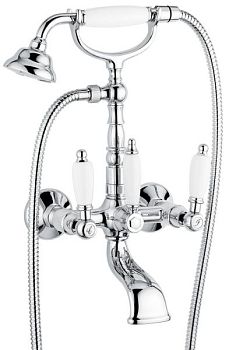 Emmevi Deco Ceramic, двухрычажный смеситель для ванны (излив 14 см), с набором для душа, цвет хром