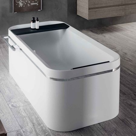 NOVELLINI DIVINA F Ванна отдельностоящая 1800х800х630 мм., с полкой и полотенцедержателем, смесит, слив-перел, подгол черн, фурн хром, цвет белый мат