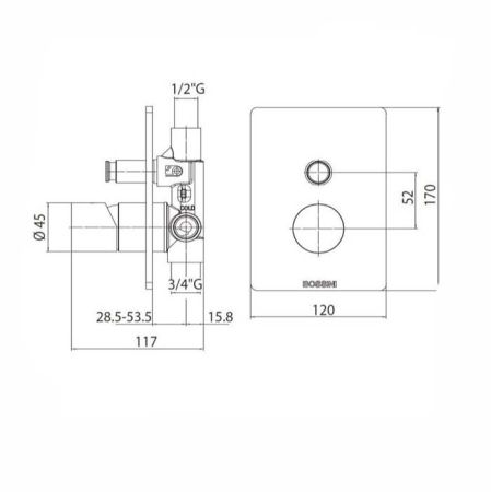 Bossini Встр. часть смесителя с девиатором 2 направления' 1/2”, цвет: латунь, артикул Z00005