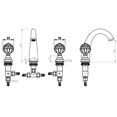 Смеситель для раковины на 3 отверстия IMPERIALE Presente_Комплект