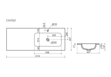 Раковина накладная мебельная Ceramicanova Грация (Grace) прямоугольная 1210x457x137 с чашей справа и отверстием под смеситель цвет белый CN7021, артикул CN7021