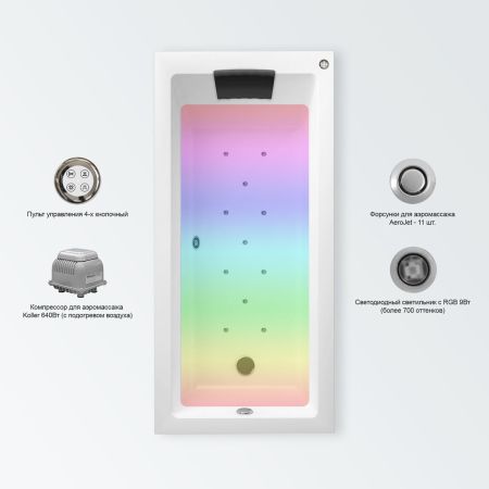 Аэромассажный комплект с хромотерапией 5 в 1 Lavinia Boho Element 362690AC, акриловая ванна 170x80 см, каркас с монтажным набором, подголовник, хромотерапия, аэромассаж, артикул 362690AC