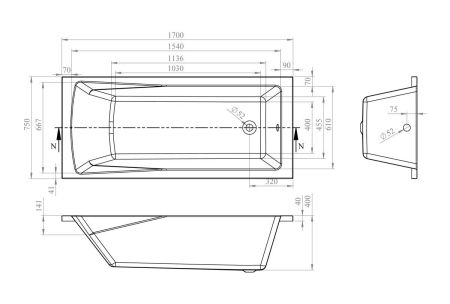 Акриловая ванна Lavinia Boho One 37010075, усиленный армированный корпус ванны, 170x75 см, артикул 37010075