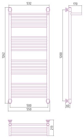 Полотенцесушитель, Сунержа, Богема +, с 1 полкой, водяной, ширина, мм-550, глубина, мм-213, высота, мм-1262, межосевое расстояние-500, подключение-диагональное/нижнее/вертикальное, температура теплоносителя-до 95°С, мощность-Вт-726, присоединительный разм, артикул 31-0223-1250