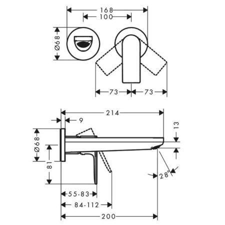 Смеситель для раковины, Hansgrohe, Rebris E, тип открывания воды-однорычажный, тип регулирования воды-керамический картридж, монтаж-настенный встраиваемый, отверстия для монтажа-2, вынос излива, мм-200, внутренняя часть-необходимо заказать, цвет-черный ма, артикул 72568670