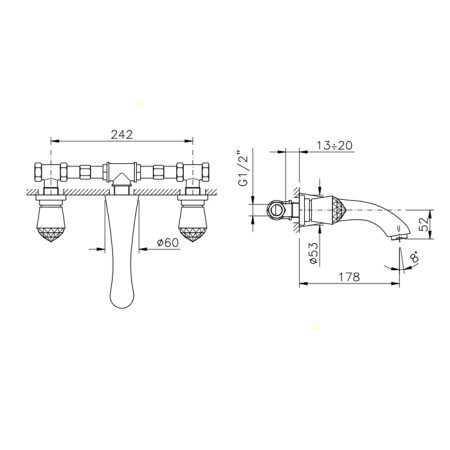 Nicolazzi Cristallo Смеситель для раковины на 3 отверстия, настенный, излив: 178мм, цвет: хром