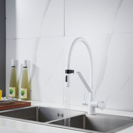 Смеситель для кухни с гибким изливом и подключением фильтра Shevanik S278C, белый, артикул S278C