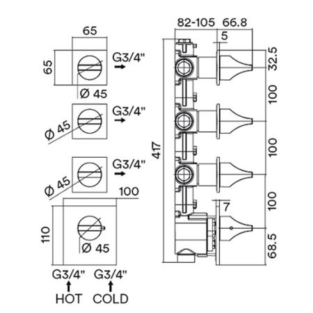 Смеситель для душа, Bossini, APICE, HighFlow, на 3-4-5-6 выходов, тип регулирования воды-термостатический картридж, монтаж-настенный встраиваемый, отверстия для монтажа-4, внутренняя часть-необходимо заказать, с отдельными панелями, округло-плоская рукоят, артикул Z035205.073