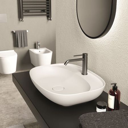 Раковина, Alice, Form, Plan Oval, ширина, мм-600, глубина, мм-450, высота, мм-120, тип установки-накладной (настольный), отверстия для смесителя-1, без перелива, донный клапан-необходимо заказать, материал-керамика, вид грязеотталкивающего покрытия-Aligla