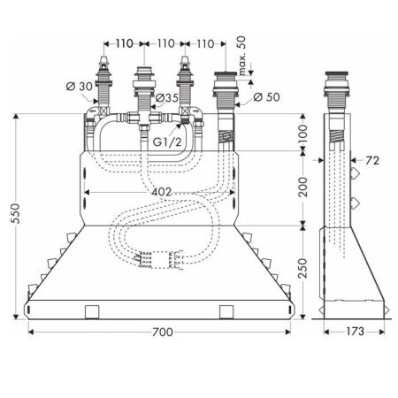 Внутренняя часть, Hansgrohe, назначение-смеситель для ванны и душа, стандарт подвода воды-1/2", не окрашен, на 4 отверстия, состоит из: скрытая часть, шланг для душа, Secubox, артикул 13444180