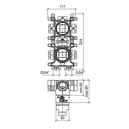 Внутренняя часть, Almar, Water Control Modular, однорычажного смесителя с переключателем на 2 положения, вертикальный модуль Внутренняя часть, Almar, Water Control Modular, однорычажного смесителя с переключателем на 2 положения, вертикальный модуль