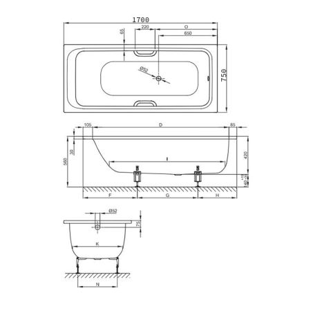 Ванна, Bette, BetteSelect, ширина, мм-1700, глубина, мм-750, высота, мм-420, водоизмещение (л)-151, форма-прямоугольная, слив-перелив-необходимо заказать, диаметр слива, мм-52, ножки-необходимо заказать, материал-сталь, шумоизоляция-есть, цвет-белый, артикул 3412-000
