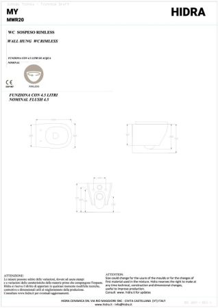 Hidra My, подвесной безободковый унитаз c крепежом, 52x36 см, цвет белый глянцевый, артикул MWR20/001