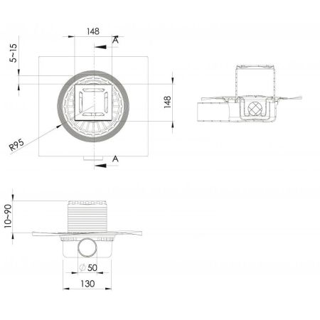 Трап BERGES водосток ZENTRUM Norma 150х150, хром глянец, выпуск D50 H65 боковой, артикул 091363