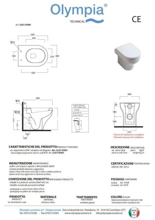Olympia Clear, напольный безободковый унитаз 50x36xh42 см, цвет белый глянцевый, артикул CLE110301