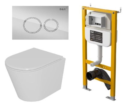 Комплект D&K Унитаз подвесной безободковый (торнадо) DT1026516, Инсталляция DI8050127, Клавиша смыва DB1529001 хром (DS1021614), артикул DS1021614