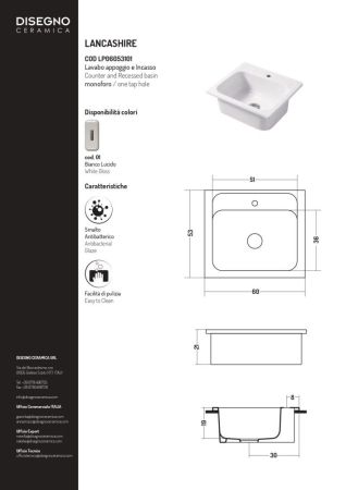 Disegno ceramica Landscape, накладная и встраиваемая постирочная/хозяйственная раковина LANCASHIRE 60х53хh21 см, цвет белый глянцевый, артикул LP06053101