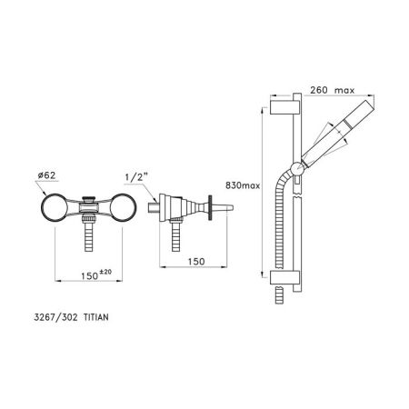 Stella Titian Смеситель для ванны 3267/302 со штангой и ручным душем, цвет: хром, артикул TT 02011 CR00